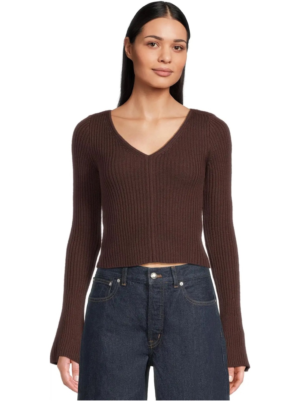NWT Madewell Ribbed Merino Flare Sleeve Vneck Clari Chocolate Raisin size large